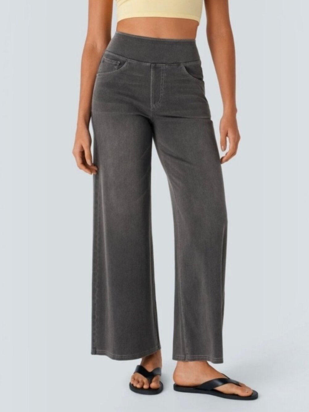 NWT Halara Medium Flex High Waisted Pull On Baggy Wide Leg Jeans Womens Gray 025